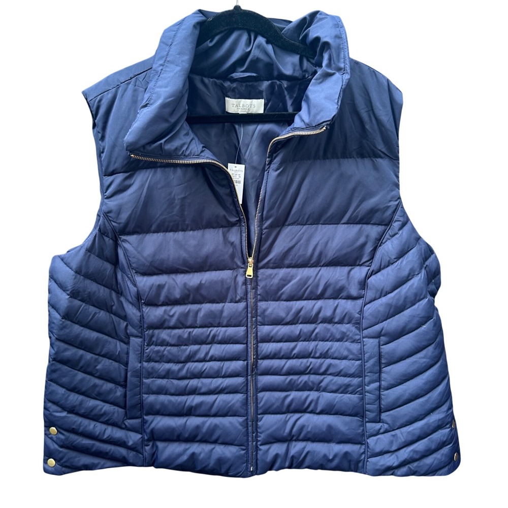 Talbots Plus Navy Blue Quilted Puffer Vest Down Blend Gold Zip 3X NWT